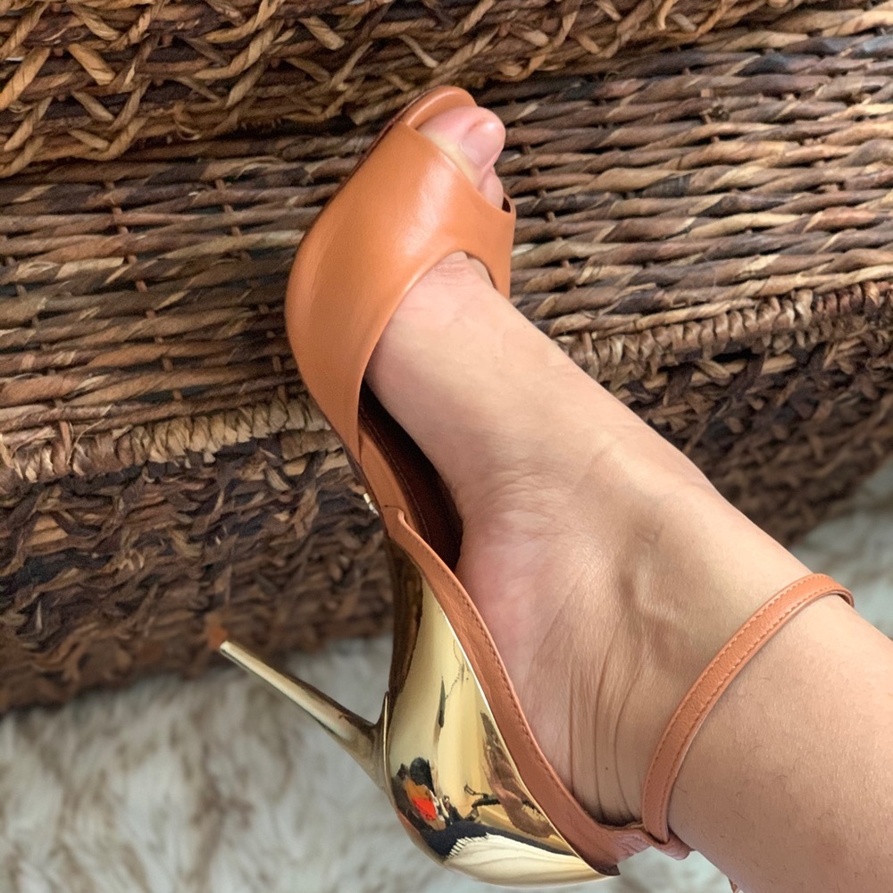 Tan and gold SCHUTZ heeled sandals